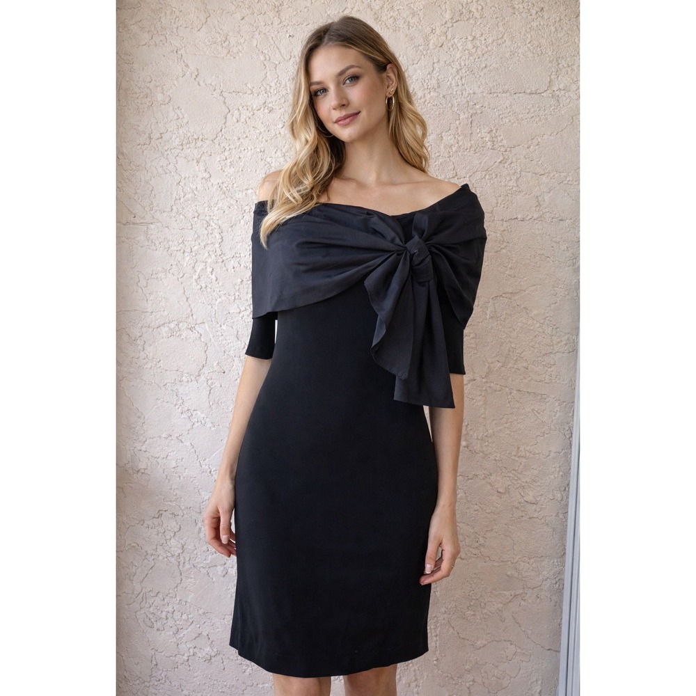 Kevan Hall Black Off Shoulder Bow Dress Sz 8 Elegant Cocktail Sheath Knee Length